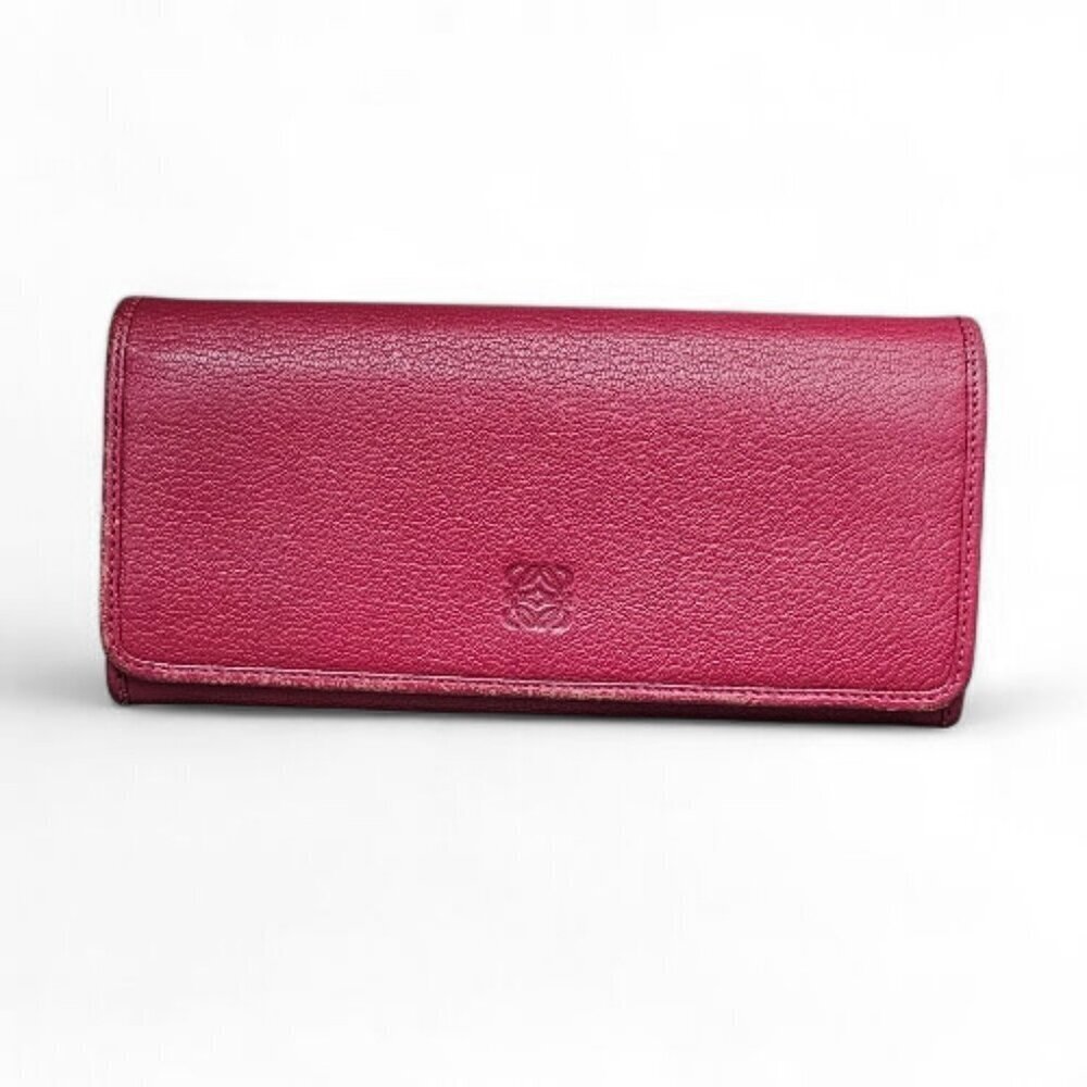 Loewe Pebble Leather Flap Snap Long Red Berry Bi-fold Clutch Continental Wallet